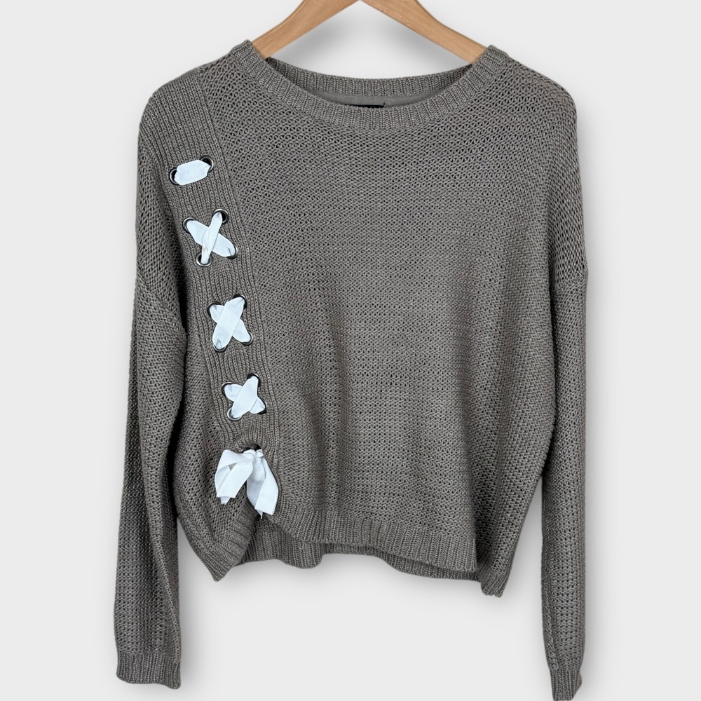 AQUA by Bloomingdale's‎ Taupe Lace Up Side Open Knit Sweater Women Size Medium